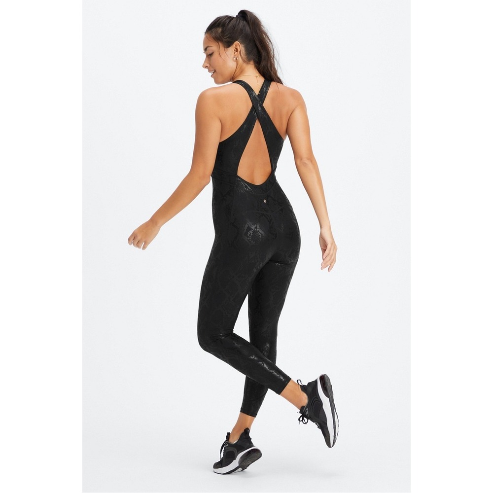 Womens Fabletics Oasis Twist Front 7/8 Jumpsuit Black Foil Snake Size Large